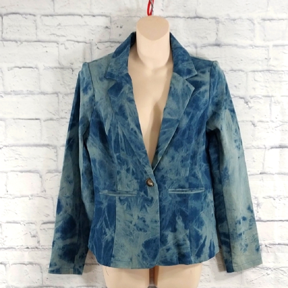 🔵BOGO FREE🔵 Savanna Jane Blazer Jacket Stretch Denim Tye Dye Blue Jean Sz M